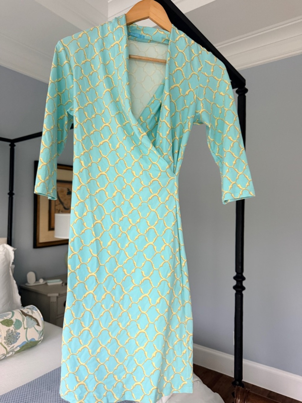 J. McLaughlin Aqua & Yellow Geometric Wrap Dress
